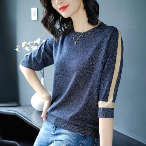 Ladies spring ice silk pullover sweater loose 2021 new thin spring and summer womens mid-sleeve bright silk bottoming shirt top