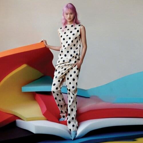 High Quality Women Sets Vintage Elegant Round Neck Tops Elastic Waist Casual Trousers Office Fashion Dot Print Two Piece Suit