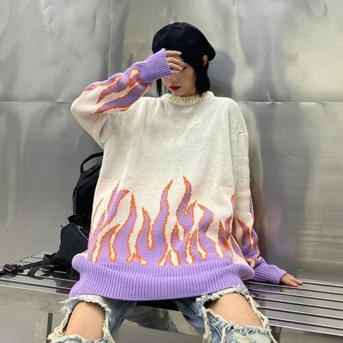 Neploe Flame Jacquard Sweater 2020 Autumn Winter Oversized Pullover Knitwear Women Long Sleeve O-neck Knitted Pull Jumpers Y215