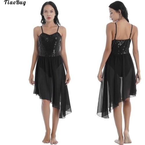 Women Solid Color Shiny Sequin Dance Dress Adjustable Spaghetti Strap Asymmetric Hem Ruffle Dresses Stage Performance Costumes