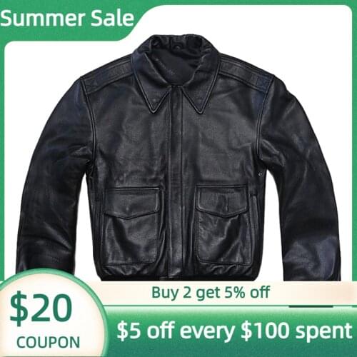 2021 Black Military Style USAF Pilot Leather Jacket Europe Size XXL Real Natural Thick Cowhide Winter Warm A2 Aviator Coat