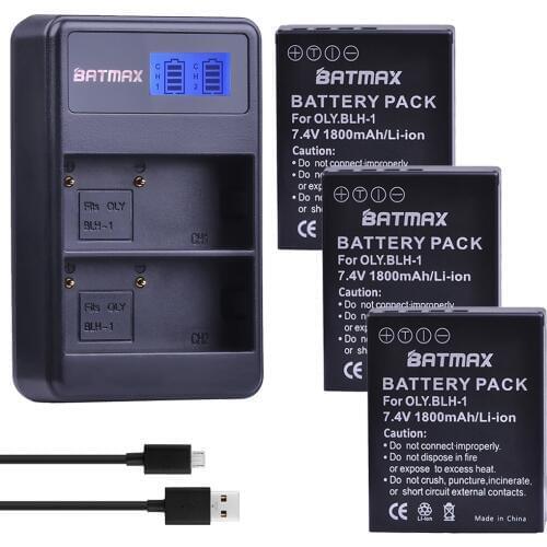 Batmax 3Pcs 1800mAh BLH-1 BLH1 Camera Batteries Accu + LCD Dual USB Charger for Olympus Battery EM1 MARK II EM1-2 EM1 Mark 2