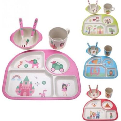 Bamboo fiber children cutlery set creative cartoon bowl divider plate spoon fork cup five-piece gift tableware