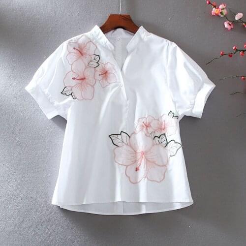 Embroidery Flower Blouses Shirts Women Spring Summer Style Chiffon V-Neck Short Sleeve Blusas Tops ZZ0395
