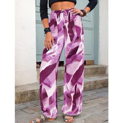 Summer Wide Leg Pants Women Casual Elastic High Waist New Fashion Loose Long Trousers Female Leaf Printing Drawstring Straight