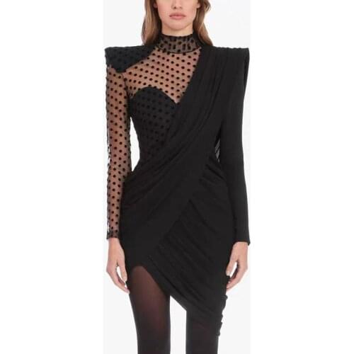 Fast Free Shipping Celebrity Fashion Pleated Irregular Dress Patchwork Sexy Mesh Slim Dress