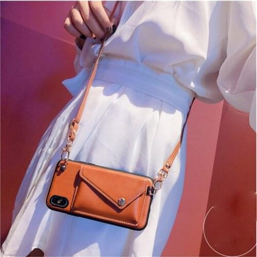 For iPhone 11 12 Pro Max Mini Phone Case X XR XS 7 8Plus Cases Protection Cover Womens Shoulder Bag Wallet with Lanyard Leather