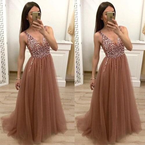 Long Prom Dresses Elegant Deep V-neck A-line Tulle Skirt Sequins Beading Brown Formal Party Dresses Evening Vestidos De Formal