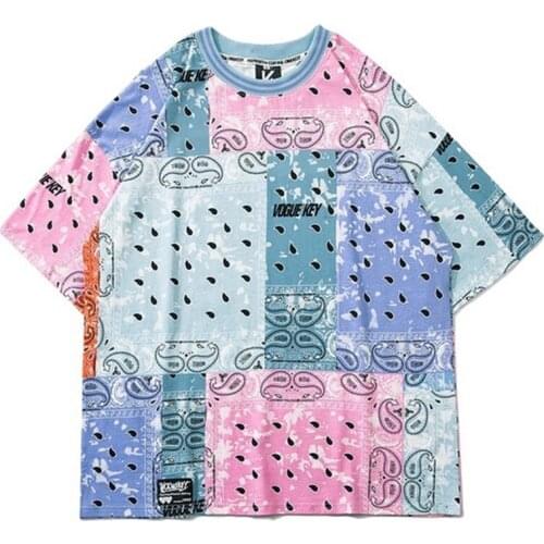 Tshirts Streetwear Hip Hop Bandana Paisley Print Color Block Tees Shirts Mens Harajuku Casual Cotton Loose Tops T-shirts