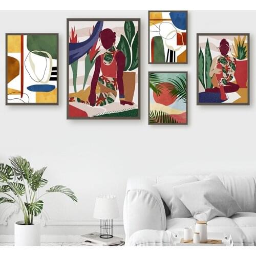 Tropical Plant Wall Art Abstract Colorful Girl Sun Lines Canvas Painting Nordic Posters and Prints Picture for Living Room Decor