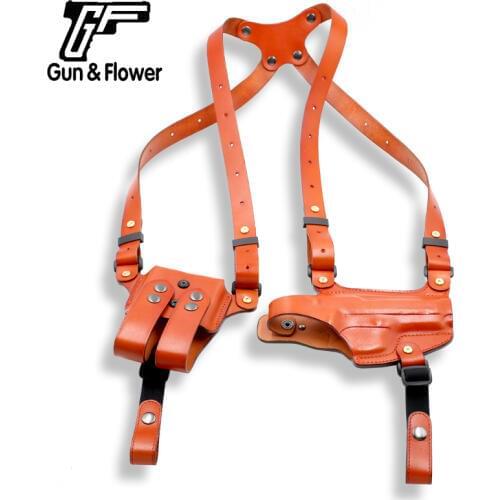 Gun&Flower Italy Leather Shoulder Holster Glock 17/22/31 Glock 19/23/32 Pistol Holder Case Double Mag Pouches Brown Color