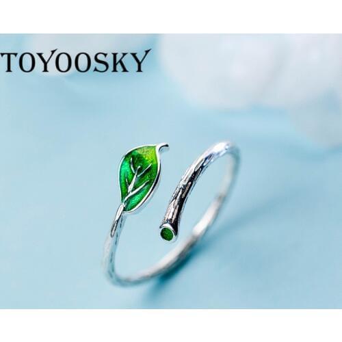 New Arrival Green Leaf Branch Ring Opening Adjustable Finger Rings 925 Sterling Silver Jewelry 2019