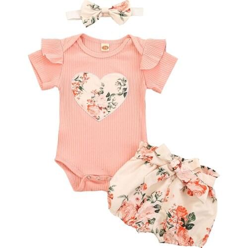 0-24M Summer Toddler Baby Girls Clothes Sets Floral Heart Print Ruffles Short Sleeve Romper Shorts Headband Childrens Clothing