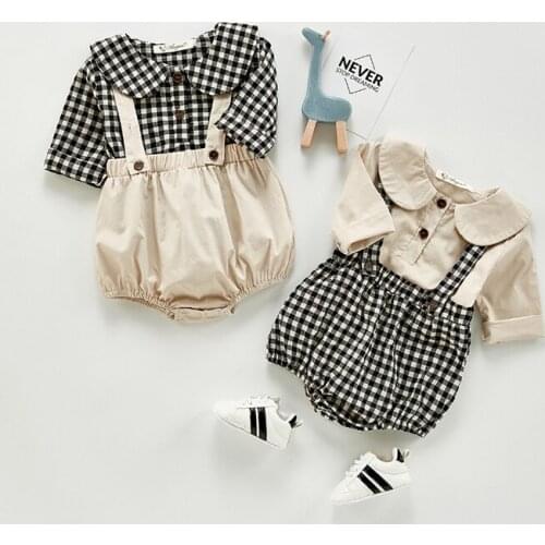 Baby Clothing Sets Boys Girls Long Sleeve Cute Grid Shirt + Braces Rompers 2021 Kids Boys Girl Suit Clothing Sets