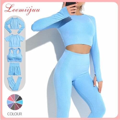 LEEMIIJUU 5PCS Women Yoga Set Sportswear Gym Clothing Fitness Long Sleeve Crop Top Seamless High Waist Leggings Sports Suits