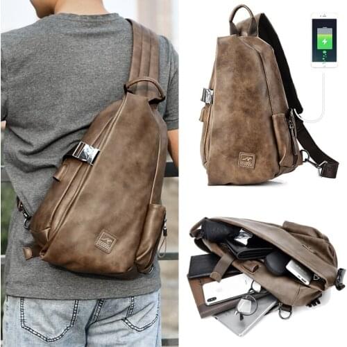 Men Multifunction Leather Crossbody Bags USB Charging Chest Pack Short Trip Water Repellent Shoulder Outdoor Messengers Bag
