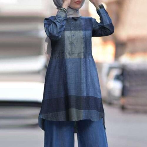 Muslim Blouse Islamic Clothing ZANZEA Women Grid Tunic Tops Casual Vintage Check Blouse Retro Chemise 2021 Loose Printed Blusas