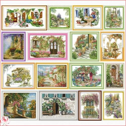 Flowers Scenery Stamped Cross Stitch Kits Handmade Embroidery 11CT 14CT Counted Printed Needlework Decoration Patterns Sets Gift
