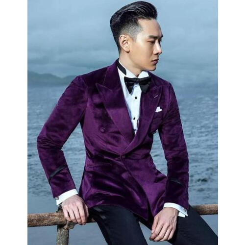 2017 Latest Coat Pant Designs Purple Velvet Men Suit Prom Jacket Slim Fit Tuxedo Custom Groom Blazer Style Suits Terno Masculino