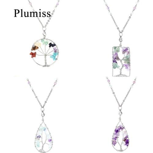 Natural Stone Tree of Life Pendant Necklace Amethysts Healing Spiritual Crystal Pendulum Necklaces on Neck Turquoises Jewelry