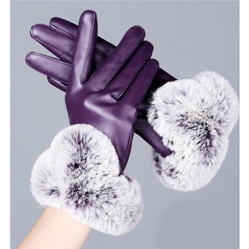 Fashion Elegant Rabbit Hair Ball PU Leather Gloves Women Full Finger Winter Plus Cashmere Warm Mittens Touch Screen Glove G138-1
