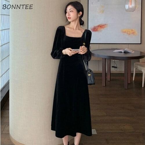 Dresses Women Temperament High Waist Square Collar Puff Sleeve Solid Casual Vintage Female Vestidos Autumn Ulzzang Elegant New