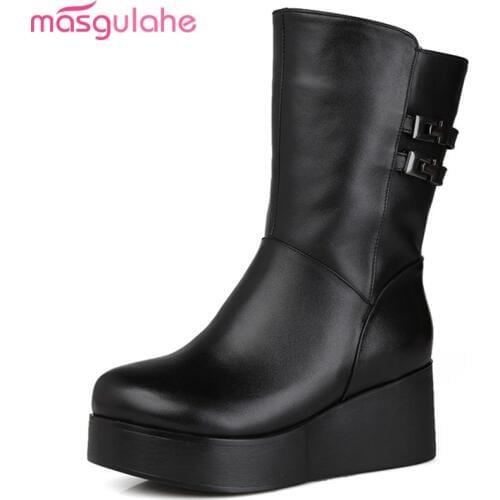 Masgulahe black fashion mid calf boots women round toe pu+cow leather boots platform wedges ladies winter wool snow boots