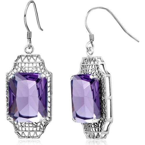Square Genuine Purple Amethyst Earrings 925 Sterling Silver Earrings For Women Korean Earings Fashion Jewelry Brincos Clearance