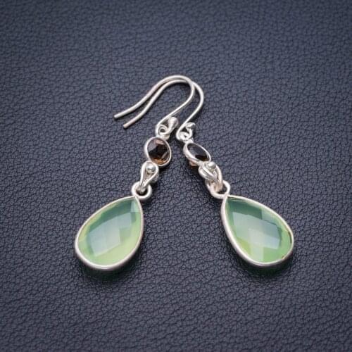 StarGems Natural Chalcedony And Smoky Quartz Handmade 925 Sterling Silver Earrings 1.75" E1351