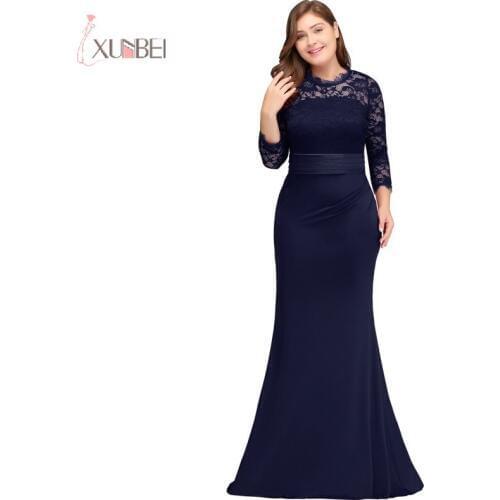 2019 Navy Plus Size Long Mother Of The Bride Dresses Mermaid Scoop Neck 3/4 Sleeve Wedding Party Gown