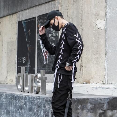 Autumn men personality lace up punk rock hip hop hoodie oversized streetwear men harajuku nightclub DJ stage crewneck sweatshirt