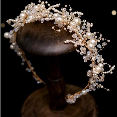 Fashion Pearls Bridal Hair Tiara Floral Wedding Crown with Earrings Hairband Handmade Women Hair Accessories
