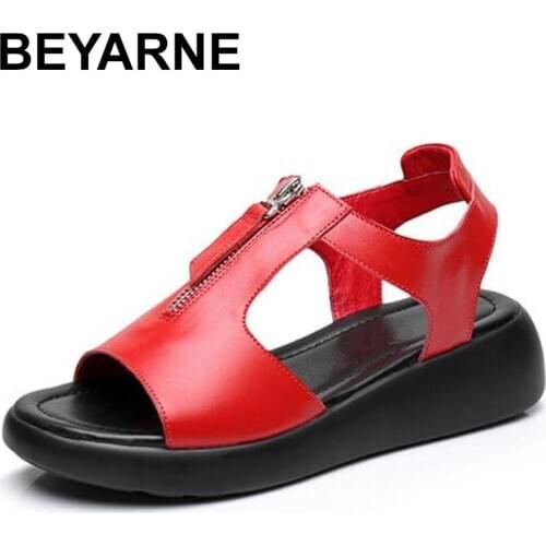 BEYARNE Women Sandals Plus Size 34-42 Summer Genuine Leather Ladies Shoe Sandals Women Platform 4.5cm Heels Women Shoes