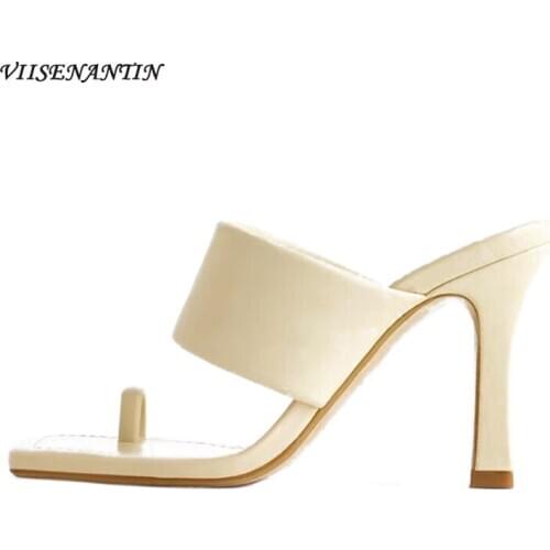 2020 New European and American Square Open-toe High-heeled Sandals Women Ins Style Solid Color Wild Thick Sandals Beige Brown