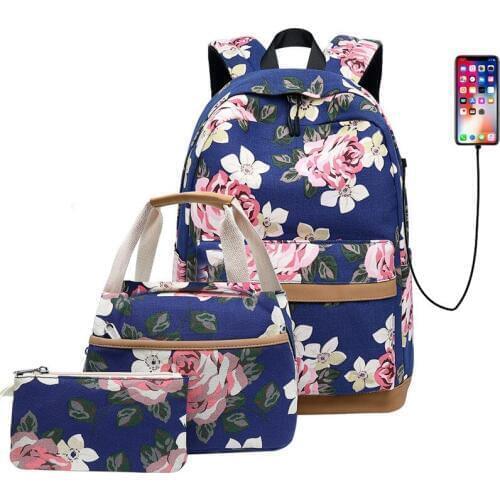 Printing female backpack usb port for school bags for teenage girls ladies rucksack women backpack set for Lunch Tote Bag