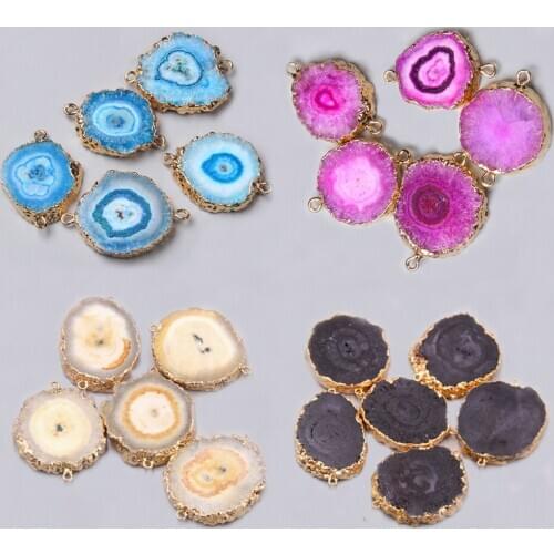 2pcs Natural Stone slice Crystal Agates Pendants Double hole connector for Jewelry Making Necklace Bracelet Earring Accessories