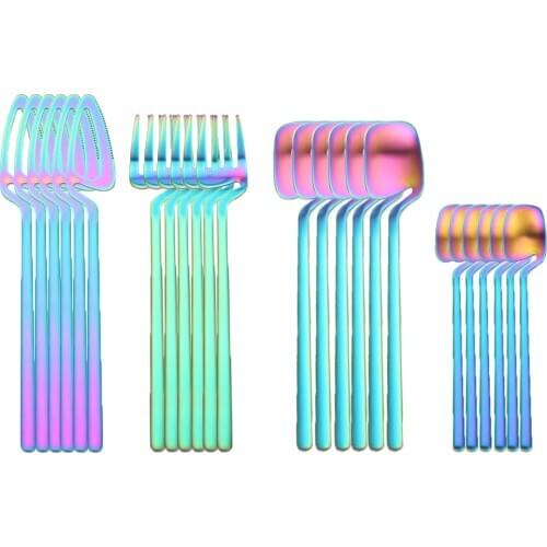 24Pcs 18/8 Stainless Steel Dinnerware Set Colorful Cutlery Hanging Cup Spoon Fork Knife Western Cutleri Silverware Tableware