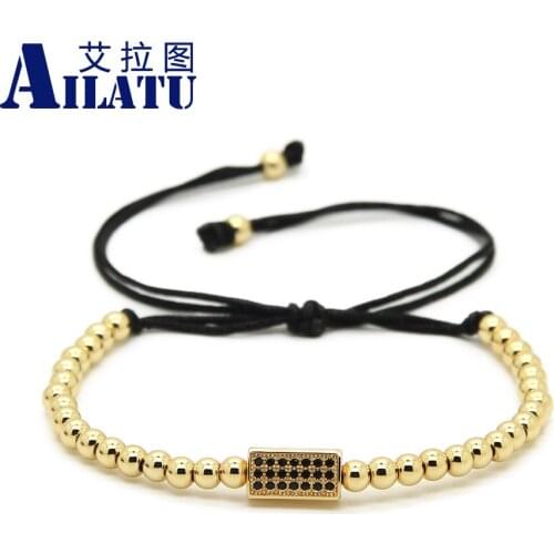 Ailatu Brand Men Bracelets Rectangle Black CZ Beads Braiding Macrame Bracelet with 4mm Stainless Steel Beads
