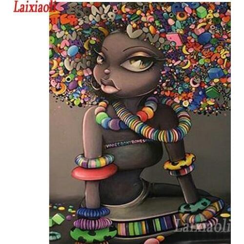 Diamond embroidery,5d diamond painting Afro Cartoon Girl A，American African style diamond mosaic rhinestone picture cross stitch
