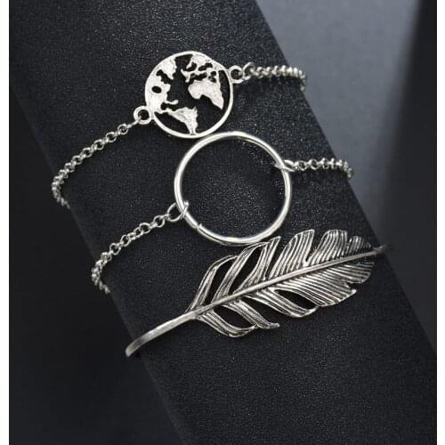 Boho Leaf Map Circle Bracelets Charm Map Bracelets Bangles For Women Party Jewelry Pulseira 3Pcs/Set Fashion Accessories