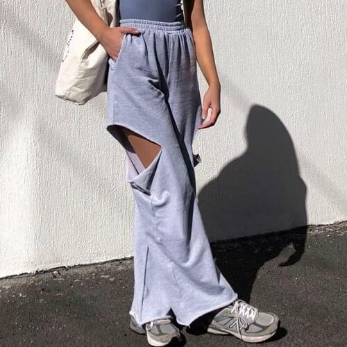 Wide Leg Pants Women 's Pants Soft Streetwear Jogging Trousers Fashion Solid Hight Waist Loose Hollow Out Casual