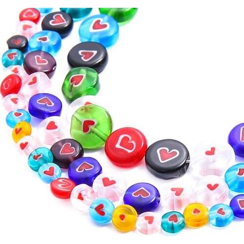6/8/10mm 38-65Pcs Mix Color Flat Round Disk with Heart Flower Patterns Glass Lampwork Loose Beads for Jewelry Making Bracelets