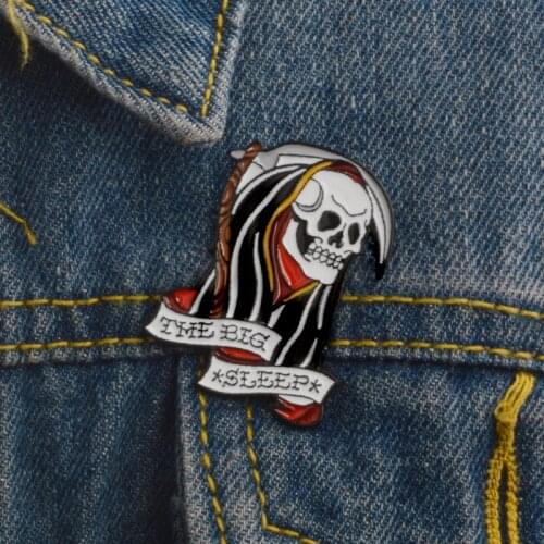 Dark Evil Skeleton Brooch Death Cloak Ghost THE BEG SLEEP Skull Enamel Pin Denim Shirt Coat Punk Badge Halloween Party Jewelry