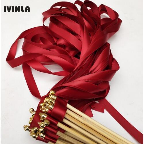 Hot selling 50pcs/lot Dark Red wedding ribbon wands with gold bell for wedding decoration