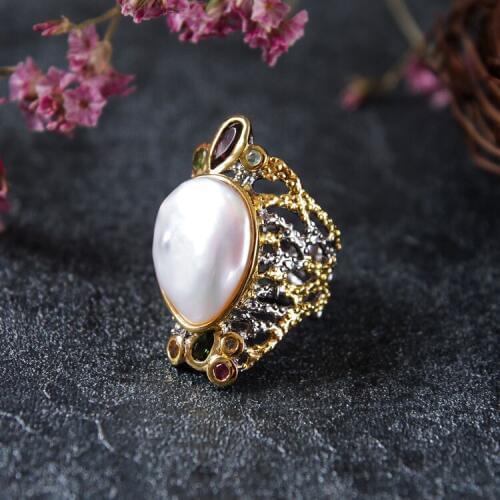 Retro Thai Silver Jewelry Customization New Inlay Large Pearl Ring Shaped Pearl Wholesale S925 Sterling Silver Open Ended Ring