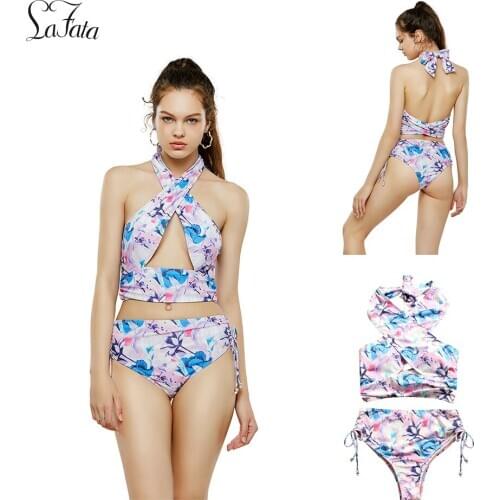 Cutout Halter Floral Printing Hign Waist Bikini Set