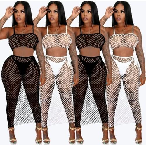 Summer Crochet Mesh Fishnet Sexy Beach 3 Piece Bikini Set Women Spaghetti Strap Crop Top Underpants And Long Maxi Skirts