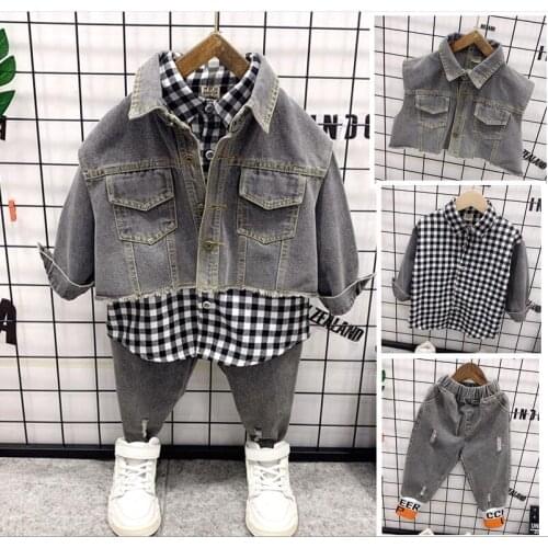 Baby Clothing Sets Boys cowboy vest Tops+Plaid shirt + jeans 3pcs boys set Toddler Kids Girls Suit Children Clothes Set