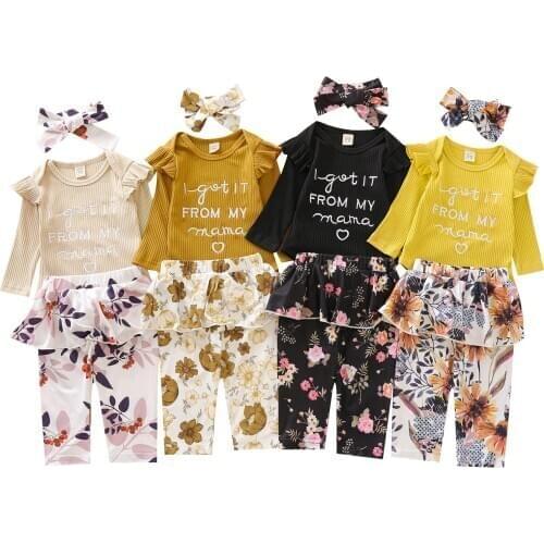 3Pcs Newborn Baby Girls Cute Sets Long Sleeve O Neck Letter Print Romper Floral Pants Bow Headband Autumn Infant Outfits 0-24M