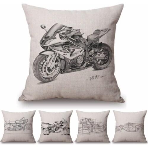 Nordic Motorcycle Racing Car Sketch Drawing Sofa Throw Pillow Cover Boyfriend Husband Gift Cotton Linen Chair Seat Cushion Cover